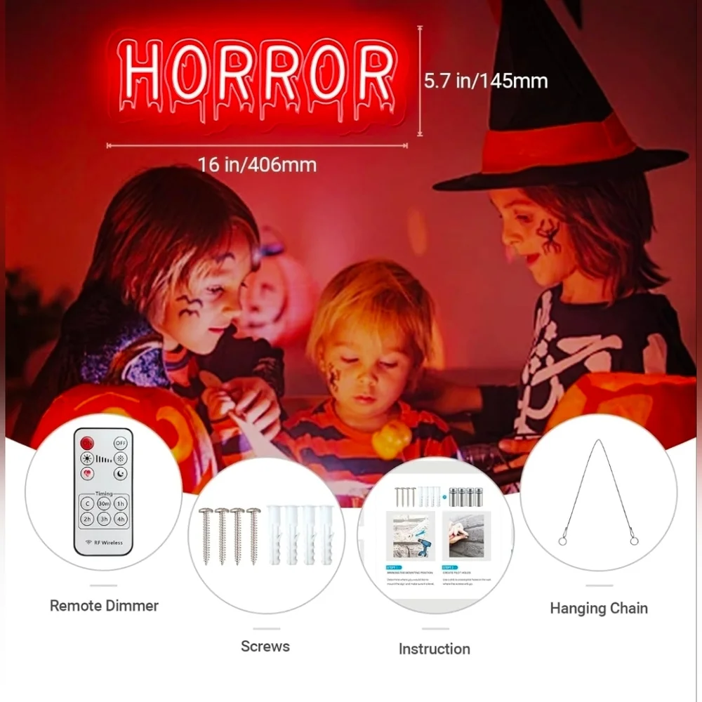 Horror Neon Signs, Red Spooky Halloween Led Neon Light Sign for Haunted House